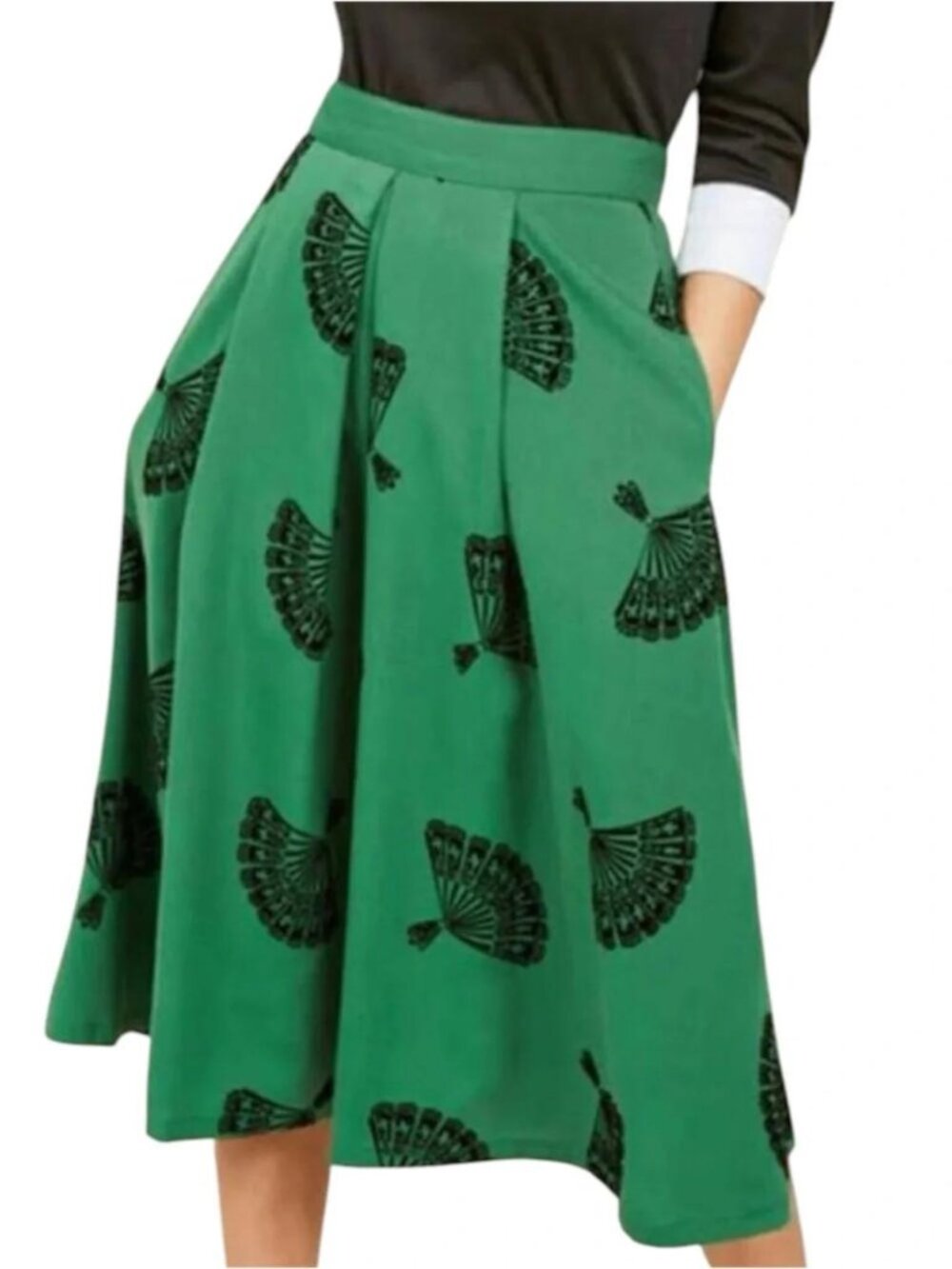 Tatyana green swing skirt with black velvet fans L